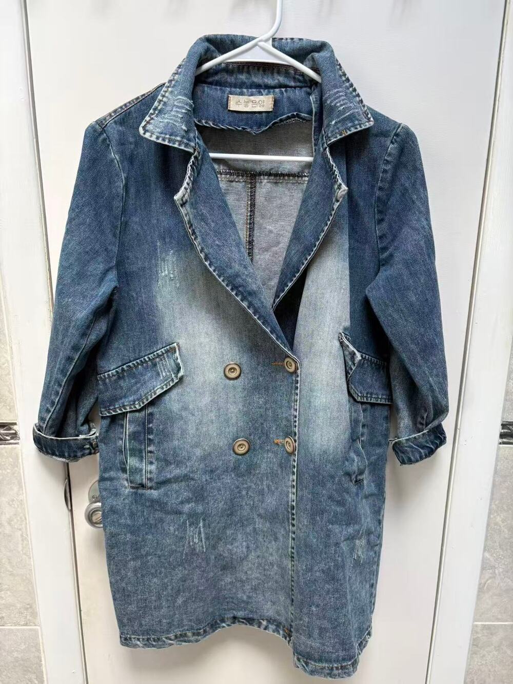 Women Double Breasted Long Denim Trench Coat Distressed Wash Jacket Blazer Small